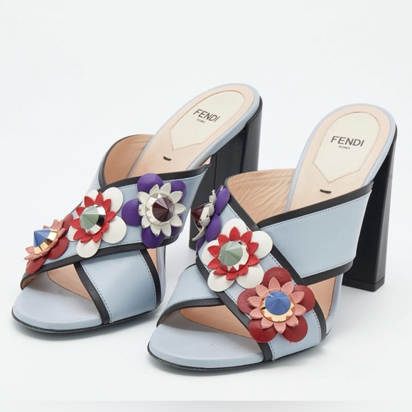 SOLD - FENDI- Light Blue/Black ALL Leather Flowerland Slide Sandals Size 39 - Picture 4 of 9